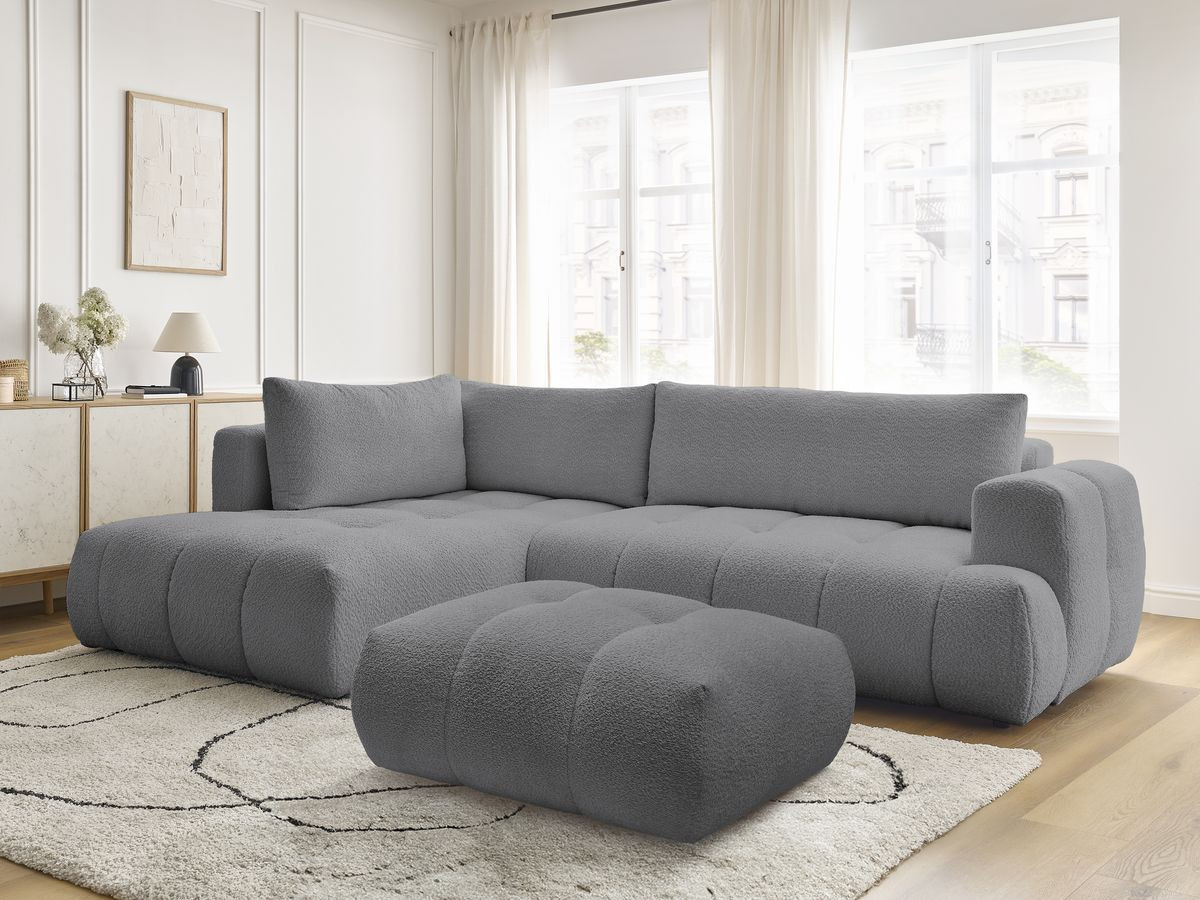 Canapé d'angle L convertible FUJI tissu bouclette avec pouf