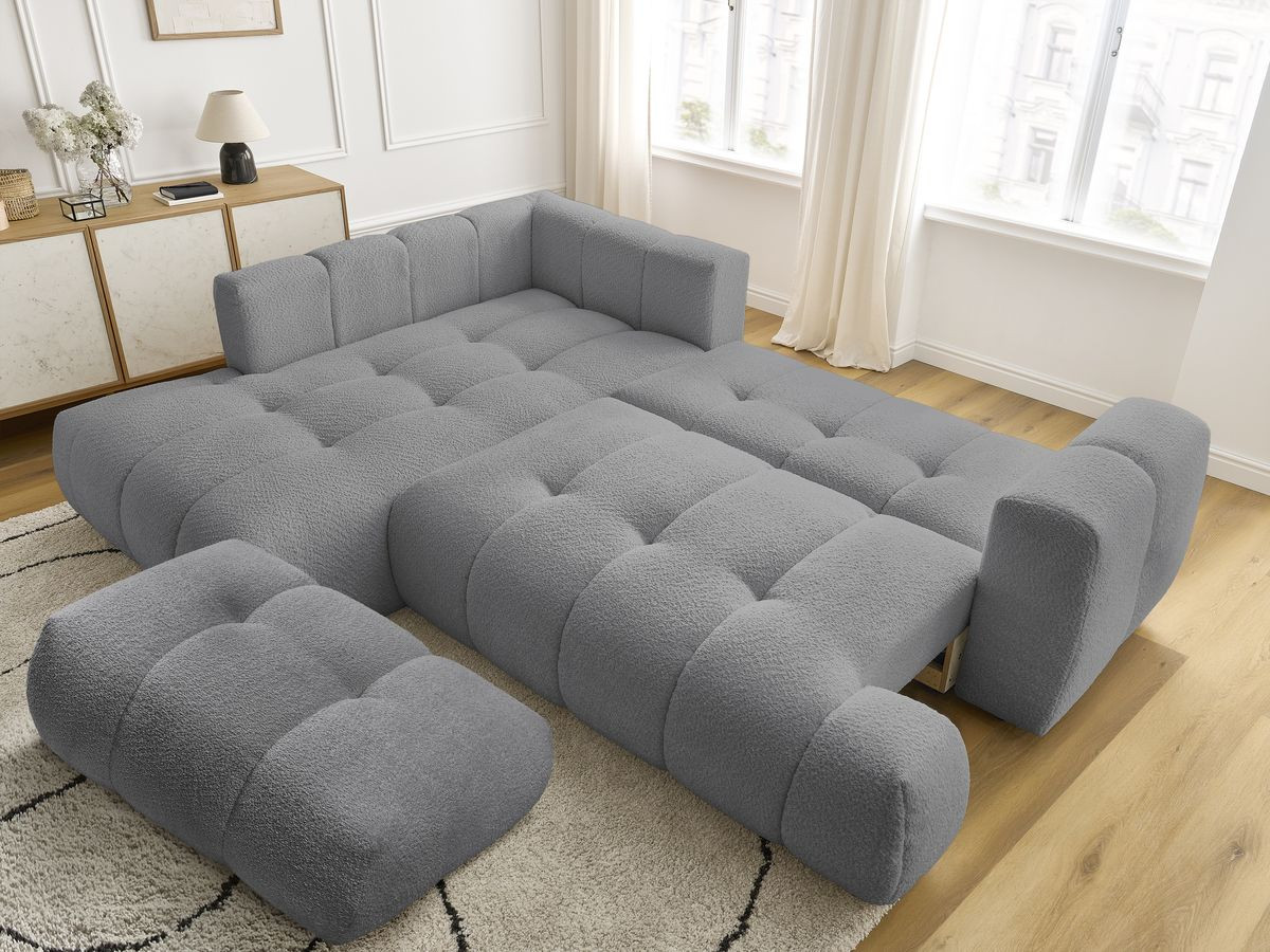 Canapé d'angle L convertible FUJI tissu bouclette avec pouf