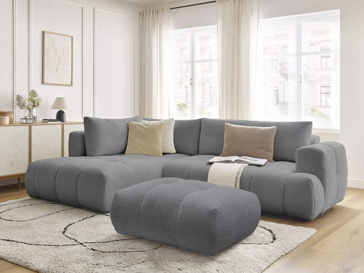 Canapé d'angle L convertible FUJI tissu bouclette avec pouf