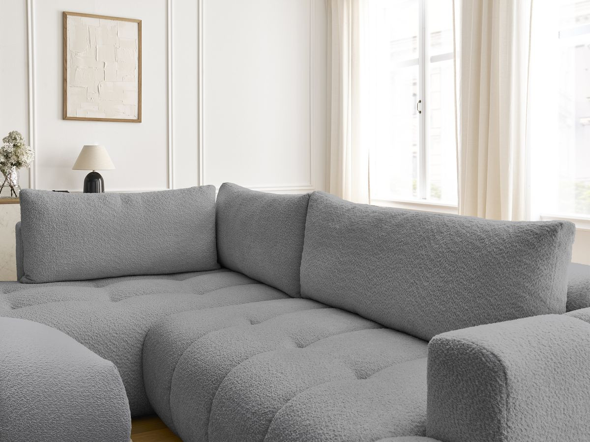 Canapé d'angle L convertible FUJI tissu bouclette avec pouf