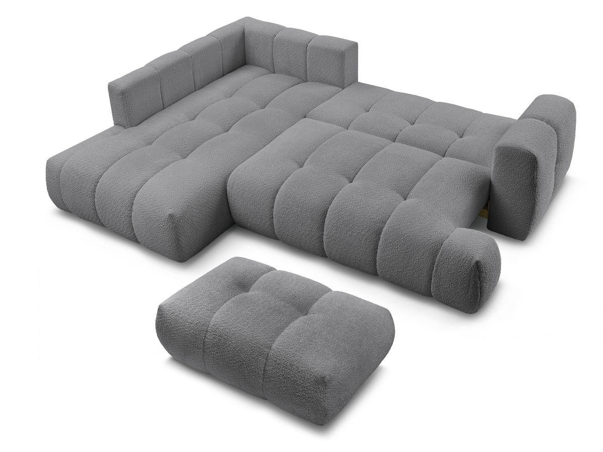Canapé d'angle L convertible FUJI tissu bouclette avec pouf