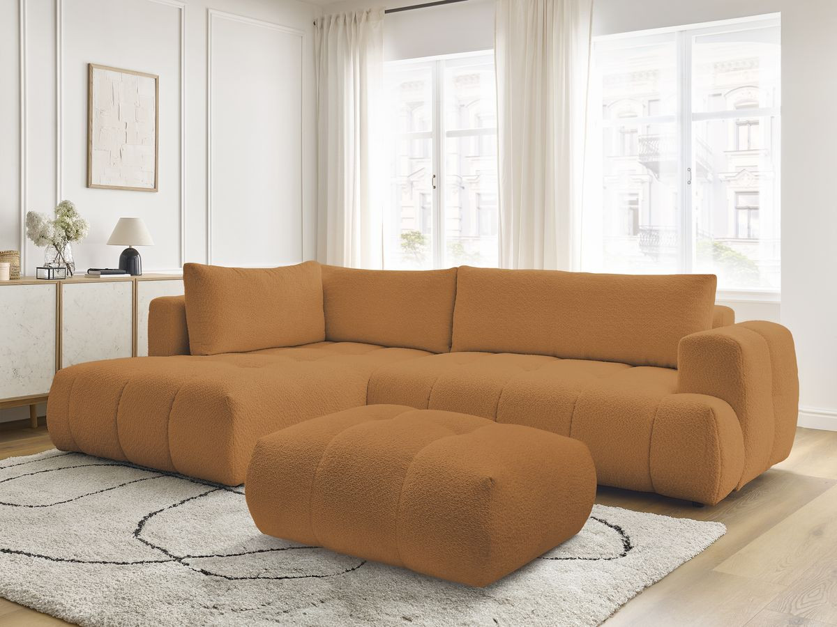 Canapé d'angle L convertible FUJI tissu bouclette avec pouf