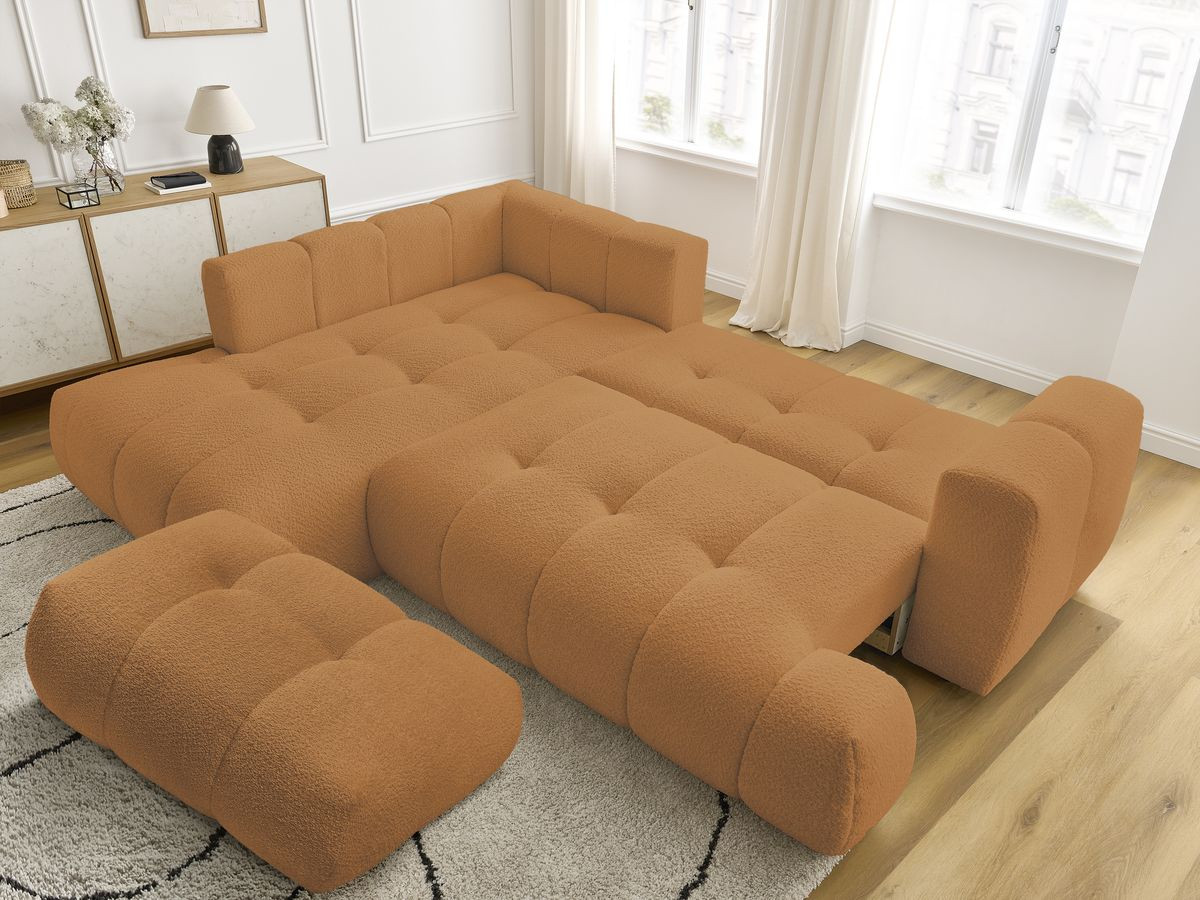 Canapé d'angle L convertible FUJI tissu bouclette avec pouf