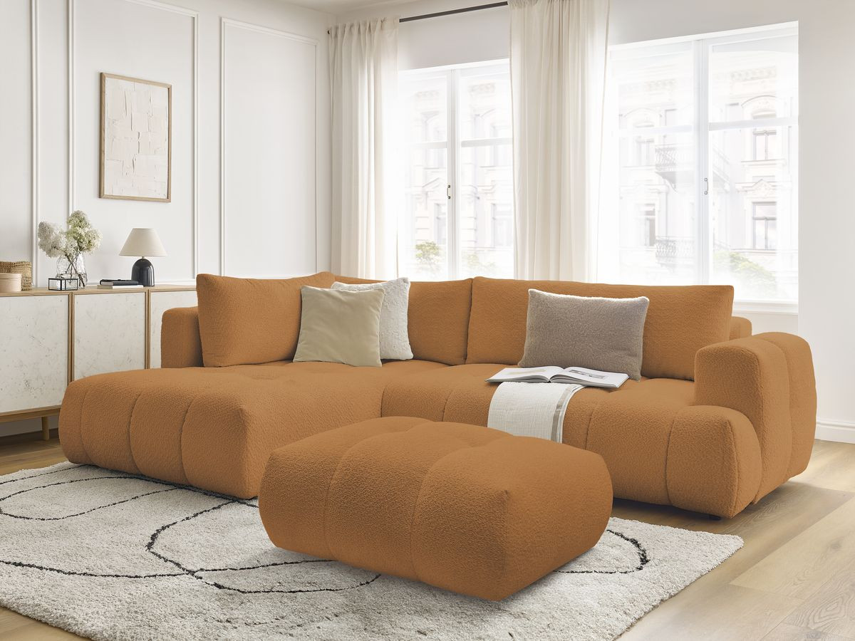 Canapé d'angle L convertible FUJI tissu bouclette avec pouf