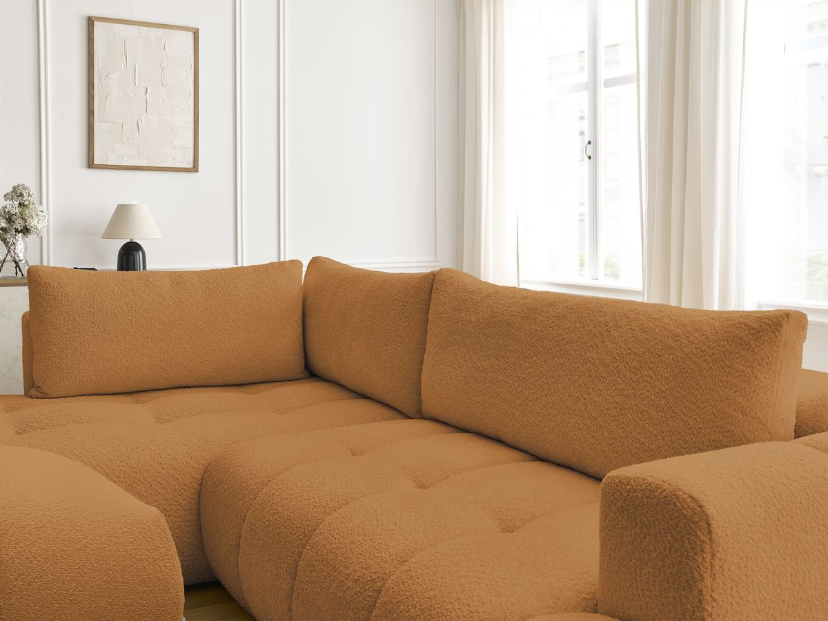 Canapé d'angle L convertible FUJI tissu bouclette avec pouf