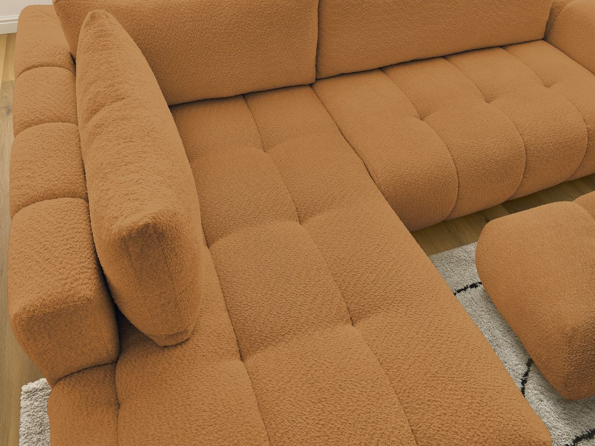 Canapé d'angle L convertible FUJI tissu bouclette avec pouf