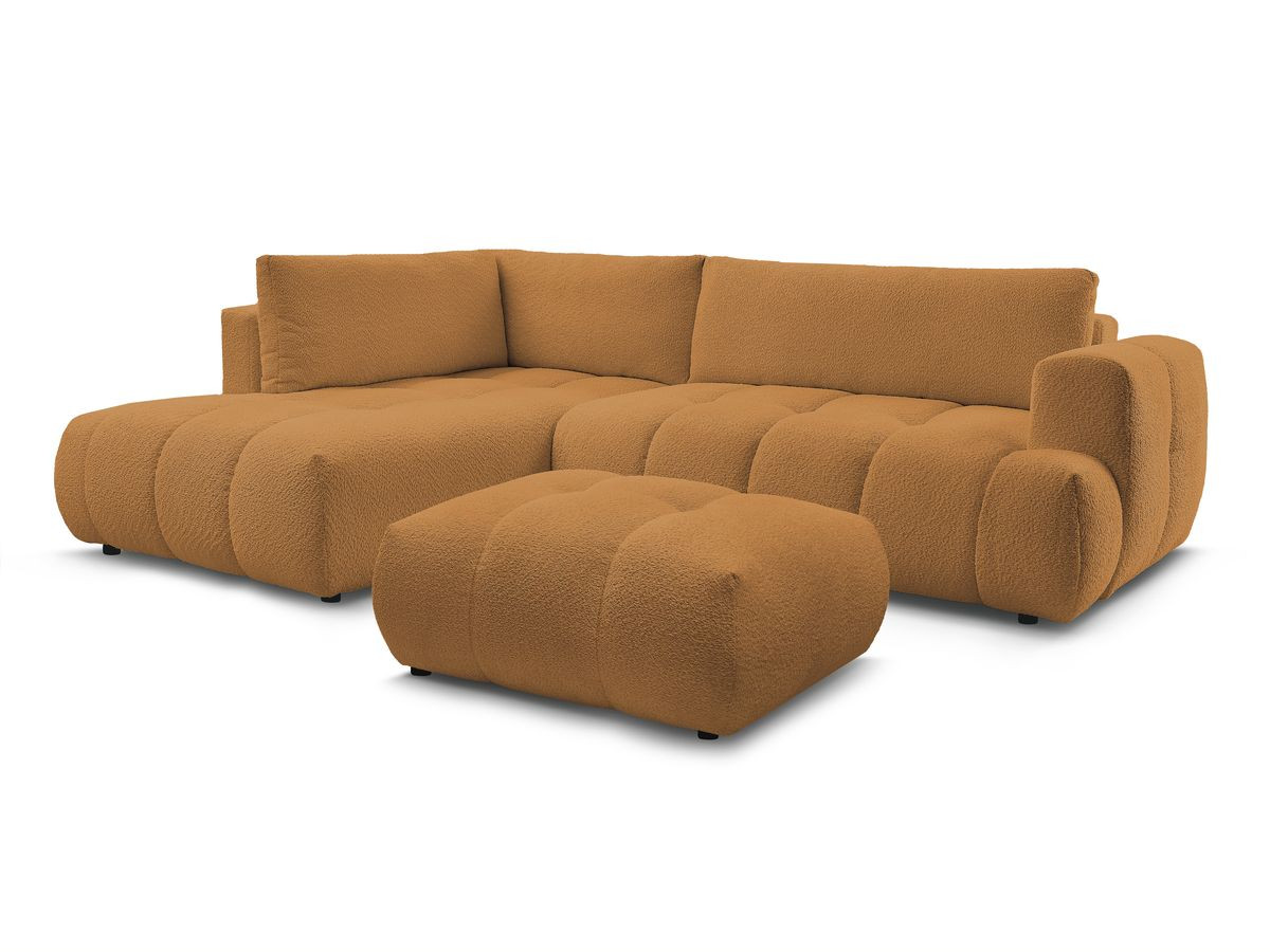 canapé d'angle l convertible fuji tissu bouclette avec pouf de couleur jaune
