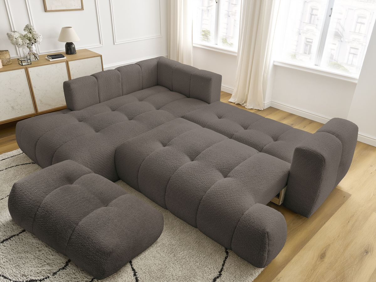 Canapé d'angle L convertible FUJI tissu bouclette avec pouf
