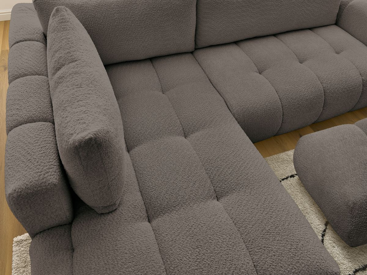 Canapé d'angle L convertible FUJI tissu bouclette avec pouf