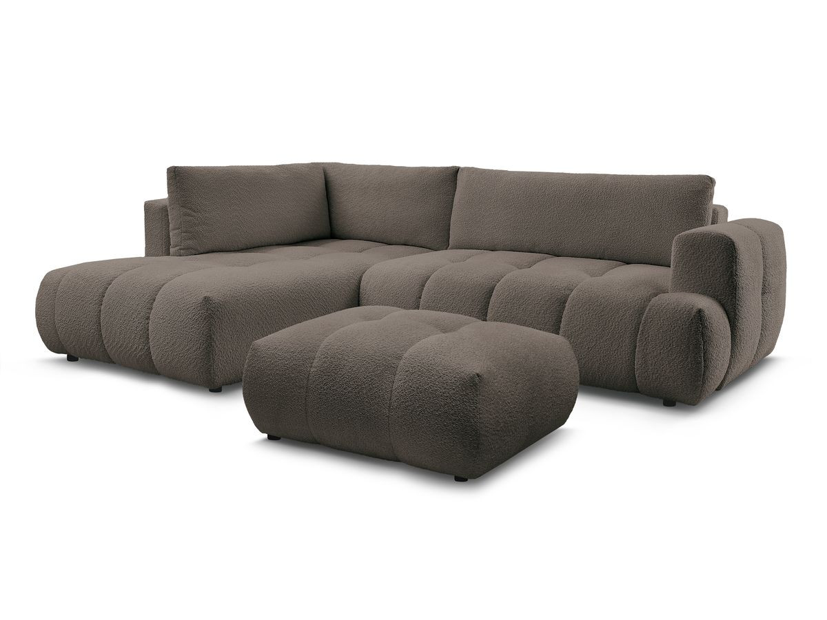 canapé d'angle l convertible fuji tissu bouclette avec pouf de couleur marron