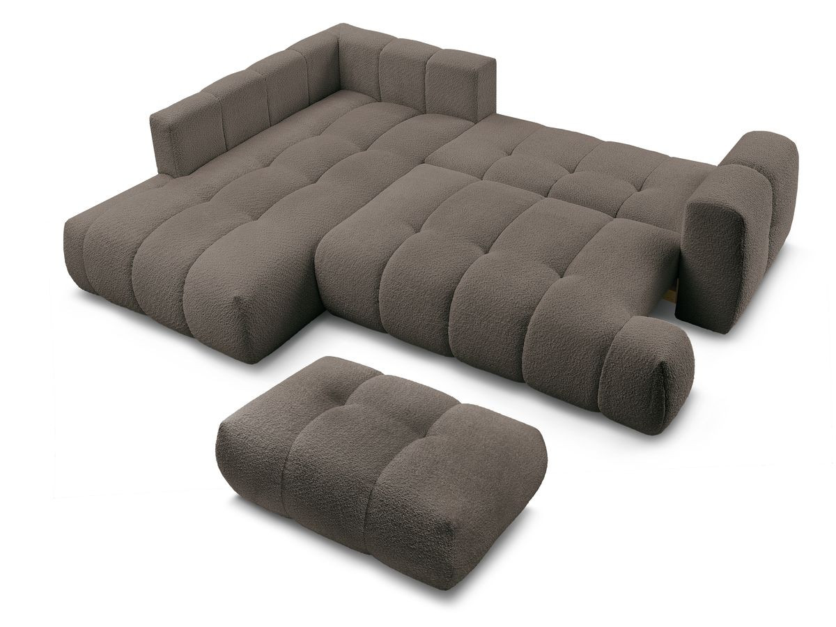 Canapé d'angle L convertible FUJI tissu bouclette avec pouf