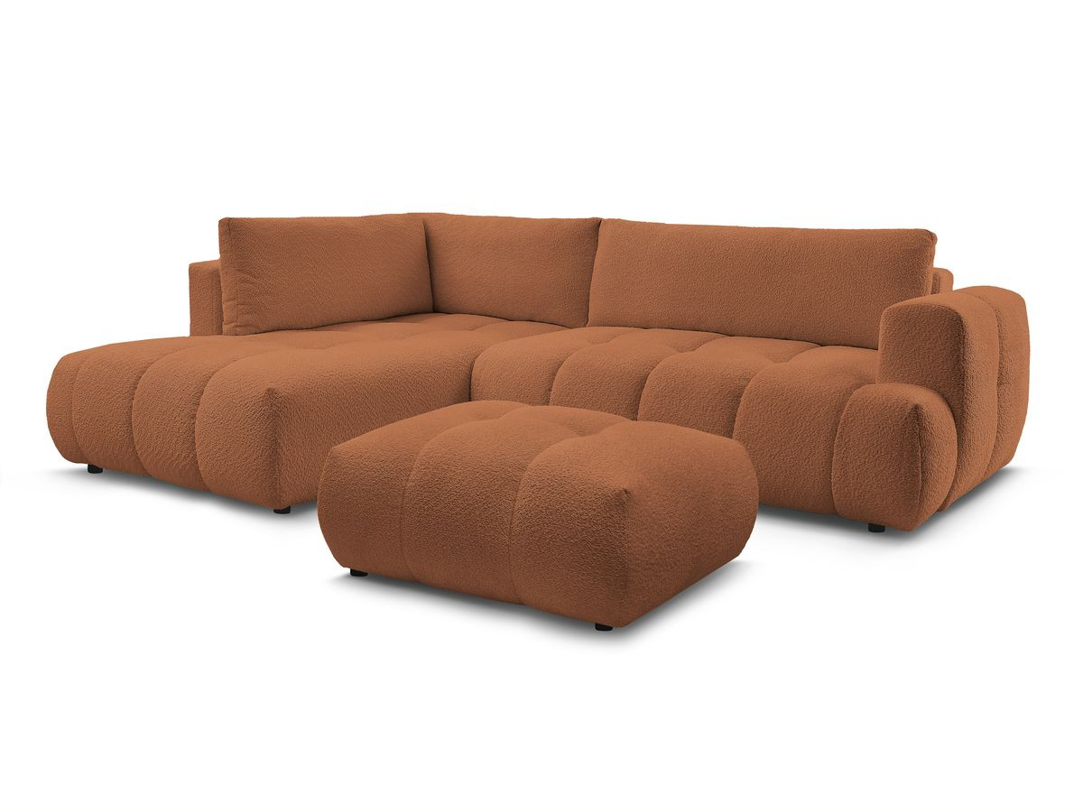 canapé d'angle l convertible fuji tissu bouclette avec pouf de couleur orange