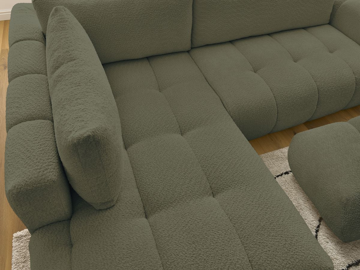 Canapé d'angle L convertible FUJI tissu bouclette avec pouf