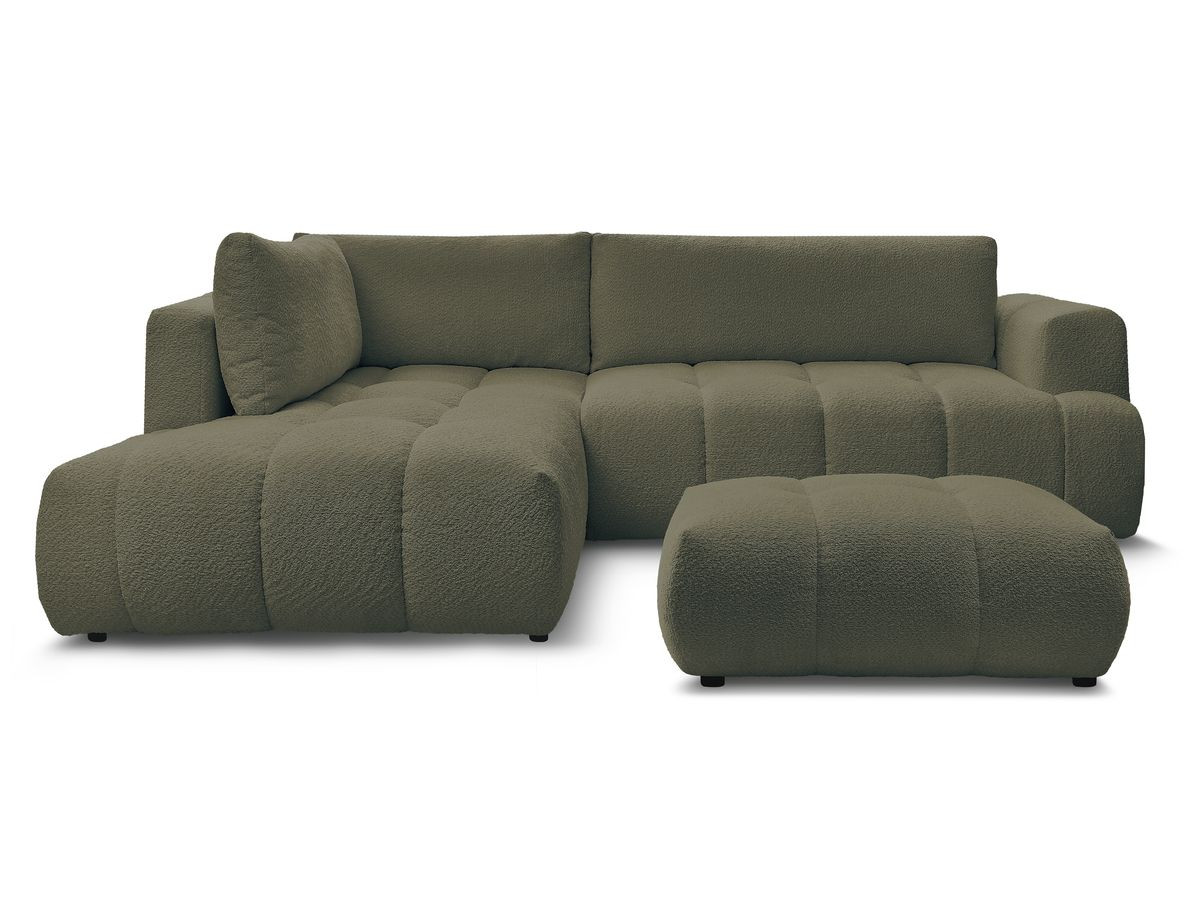 Canapé d'angle L convertible FUJI tissu bouclette avec pouf