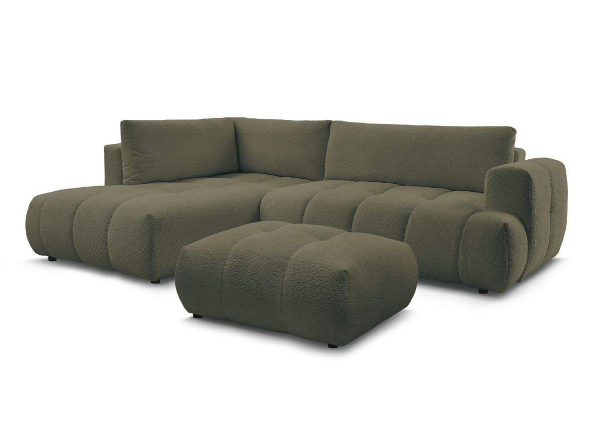 canapé d'angle l convertible fuji tissu bouclette avec pouf de couleur vert