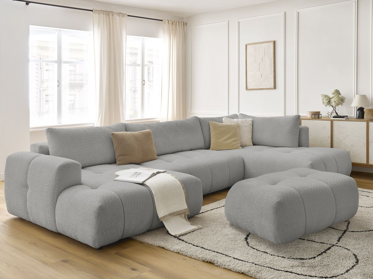Canapé panoramique convertible FUJI tissu bouclette avec pouf