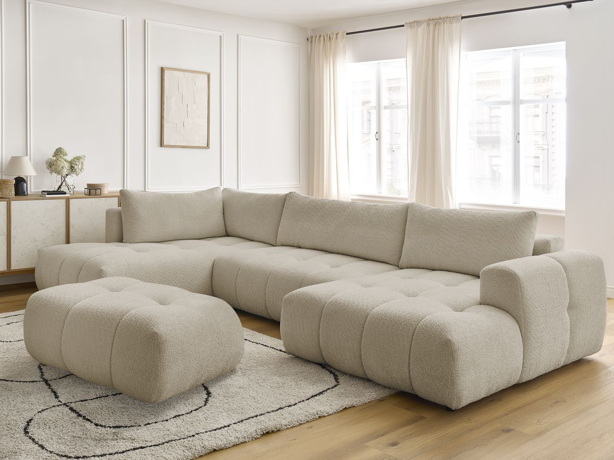 Canapé panoramique convertible FUJI bouclette avec pouf beige — vue 5