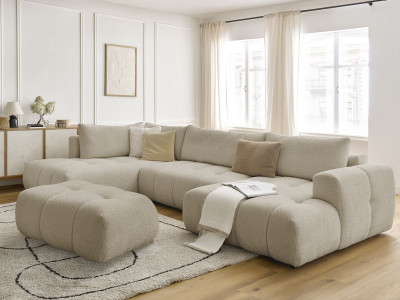 Canapé panoramique convertible FUJI tissu bouclette avec pouf