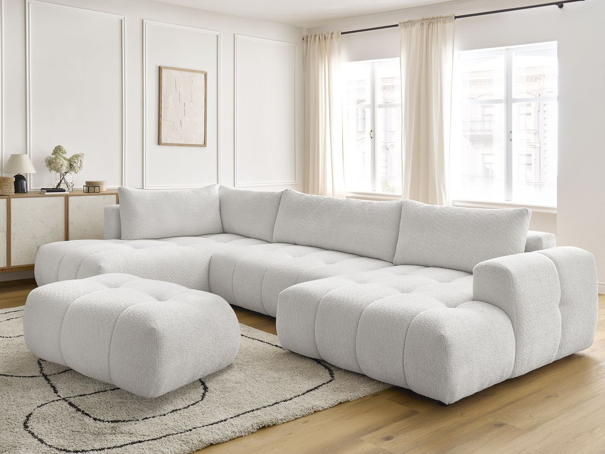 Canapé panoramique convertible FUJI bouclette avec pouf blanc — vue 5