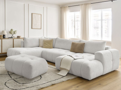 Canapé panoramique convertible FUJI tissu bouclette avec pouf