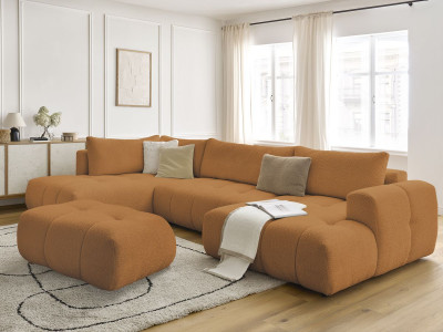 Canapé panoramique convertible FUJI tissu bouclette avec pouf