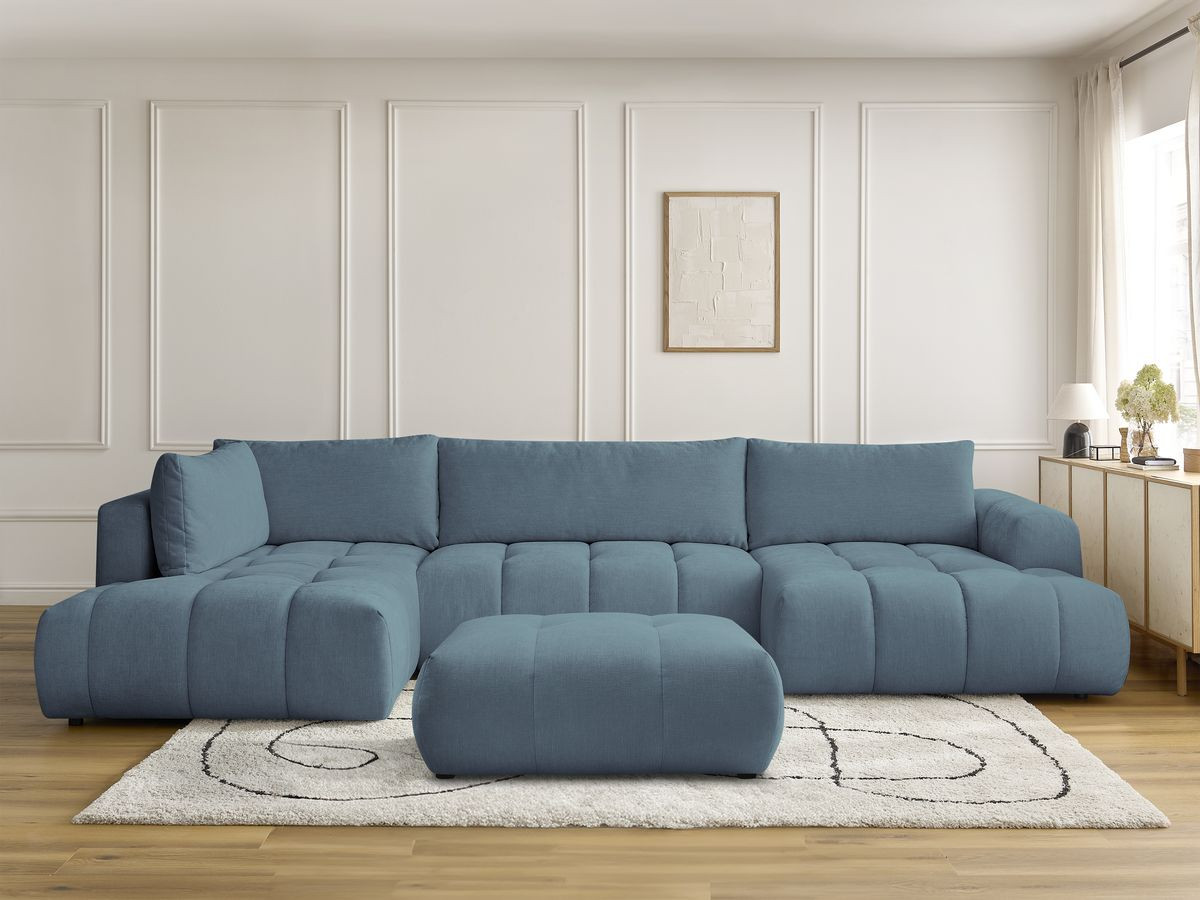 Canapé panoramique convertible FUJI tissu lisse avec pouf