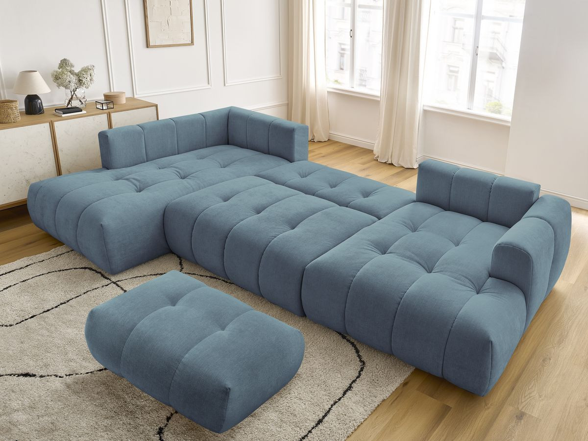 Canapé panoramique convertible FUJI tissu lisse avec pouf