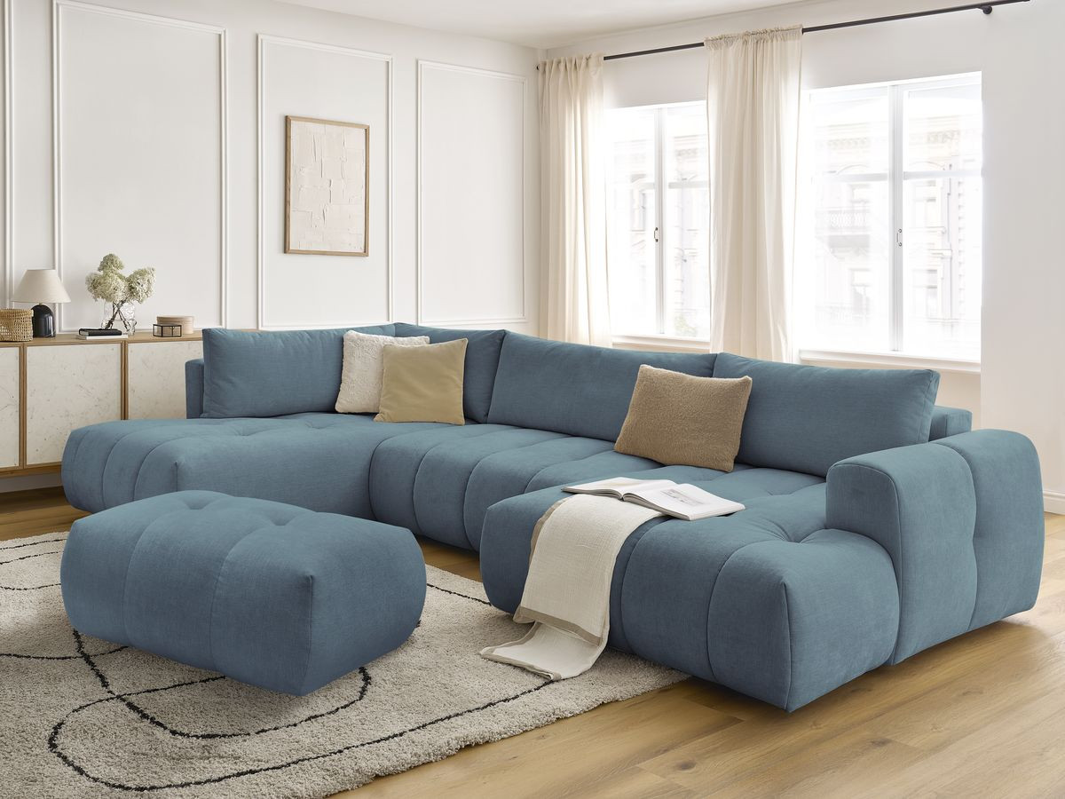 Canapé panoramique convertible FUJI tissu lisse avec pouf