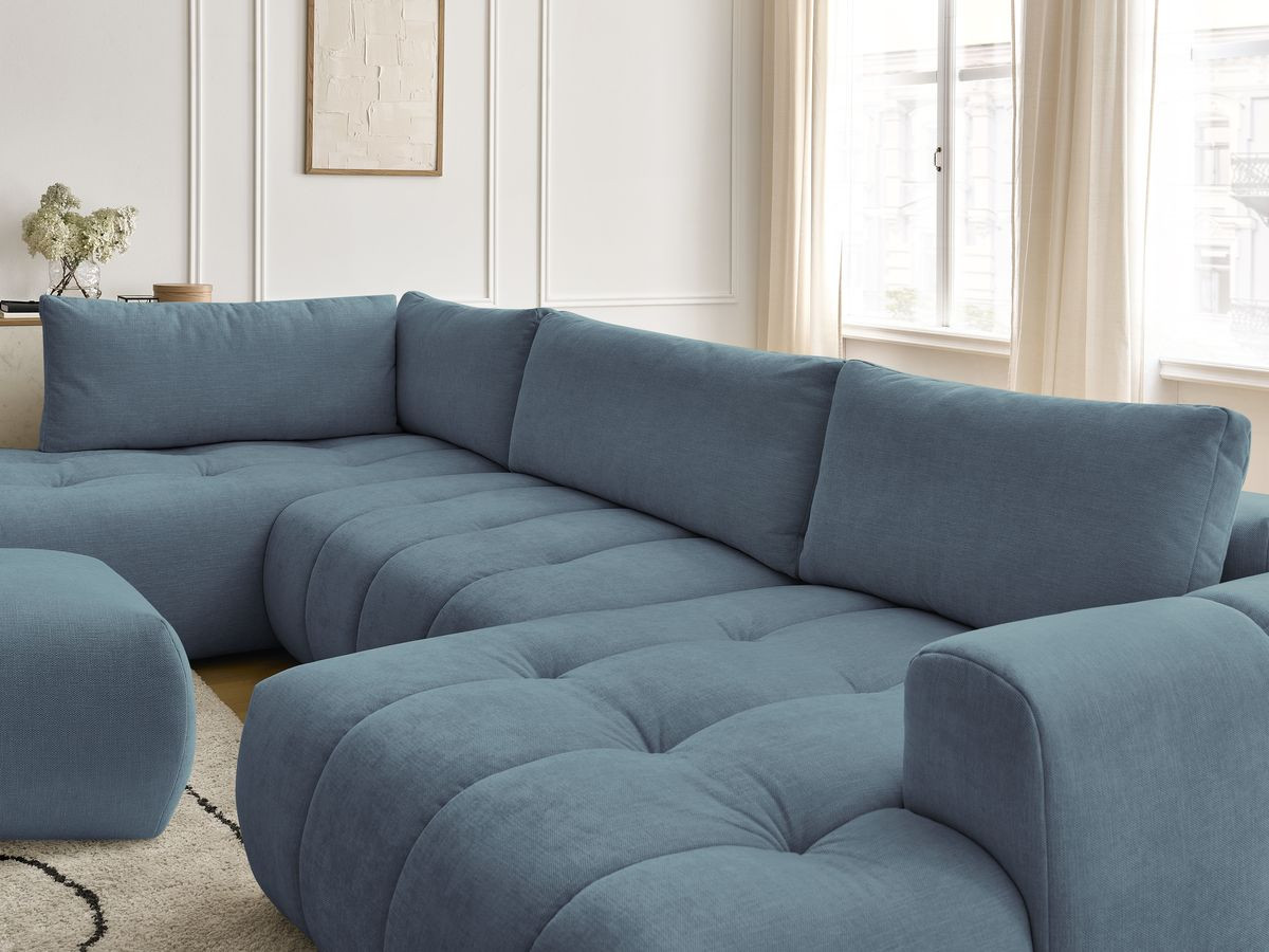 Canapé panoramique convertible FUJI tissu lisse avec pouf