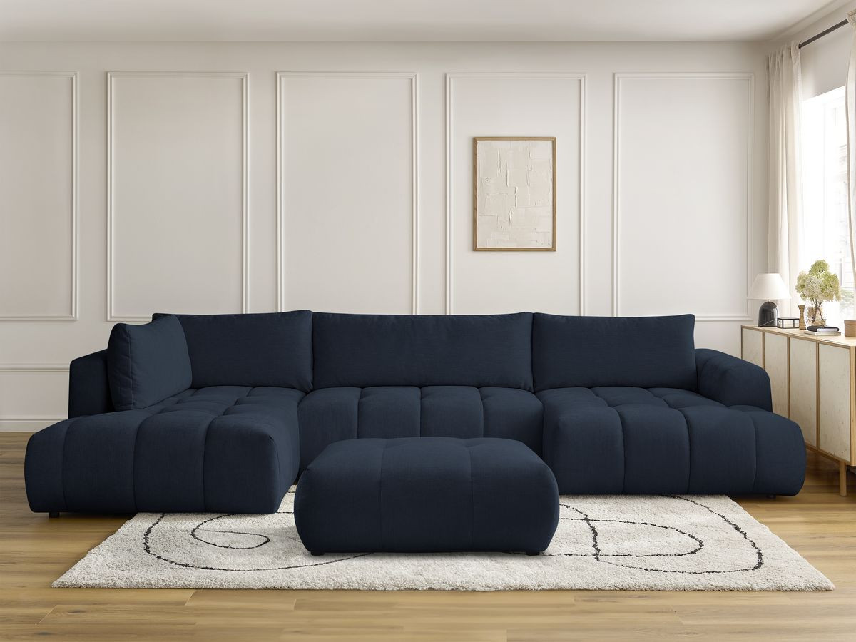 Canapé panoramique convertible FUJI tissu lisse avec pouf