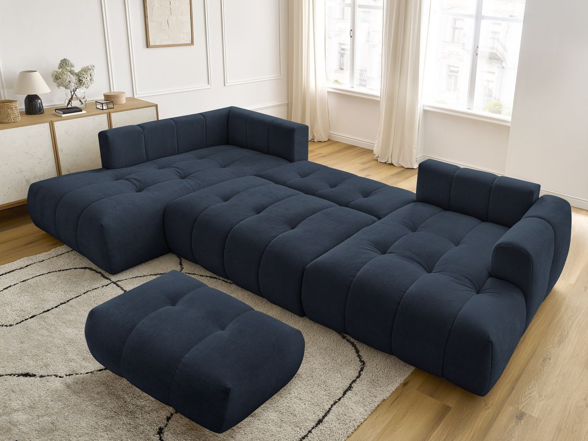 Canapé panoramique convertible FUJI tissu lisse avec pouf