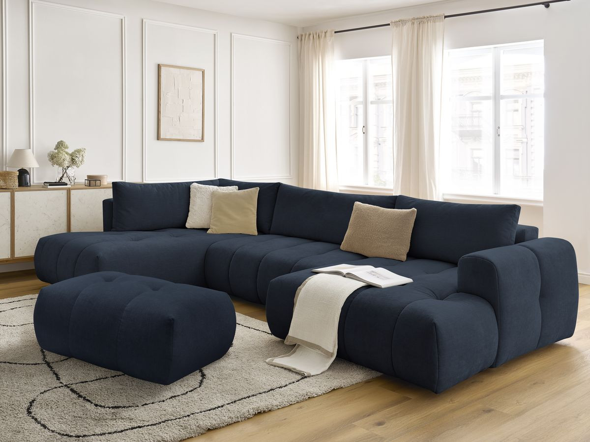 Canapé panoramique convertible FUJI tissu lisse avec pouf