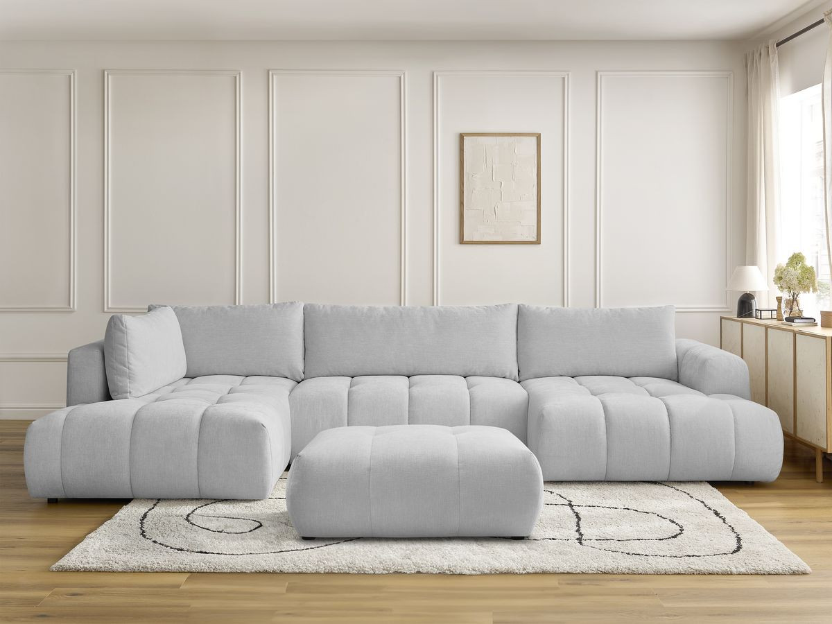 Canapé panoramique convertible FUJI tissu lisse avec pouf