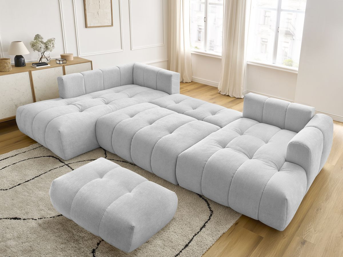 Canapé panoramique convertible FUJI tissu lisse avec pouf