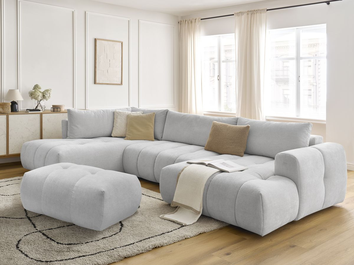 Canapé panoramique convertible FUJI tissu lisse avec pouf