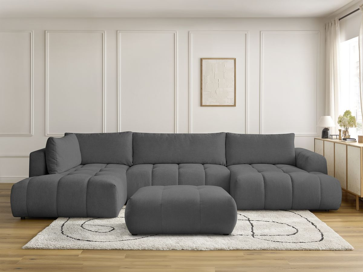 Canapé panoramique convertible FUJI tissu lisse avec pouf