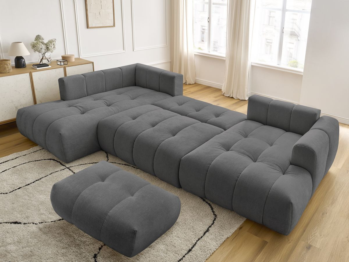 Canapé panoramique convertible FUJI tissu lisse avec pouf