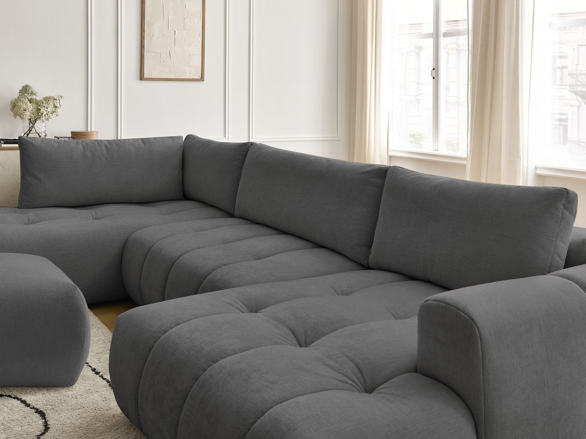 Canapé panoramique convertible FUJI tissu lisse avec pouf