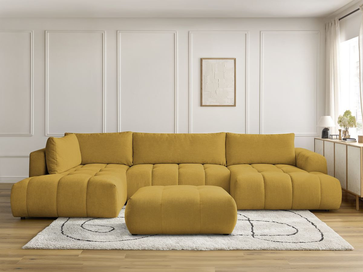 Canapé panoramique convertible FUJI tissu lisse avec pouf