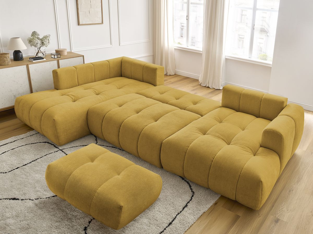 Canapé panoramique convertible FUJI tissu lisse avec pouf