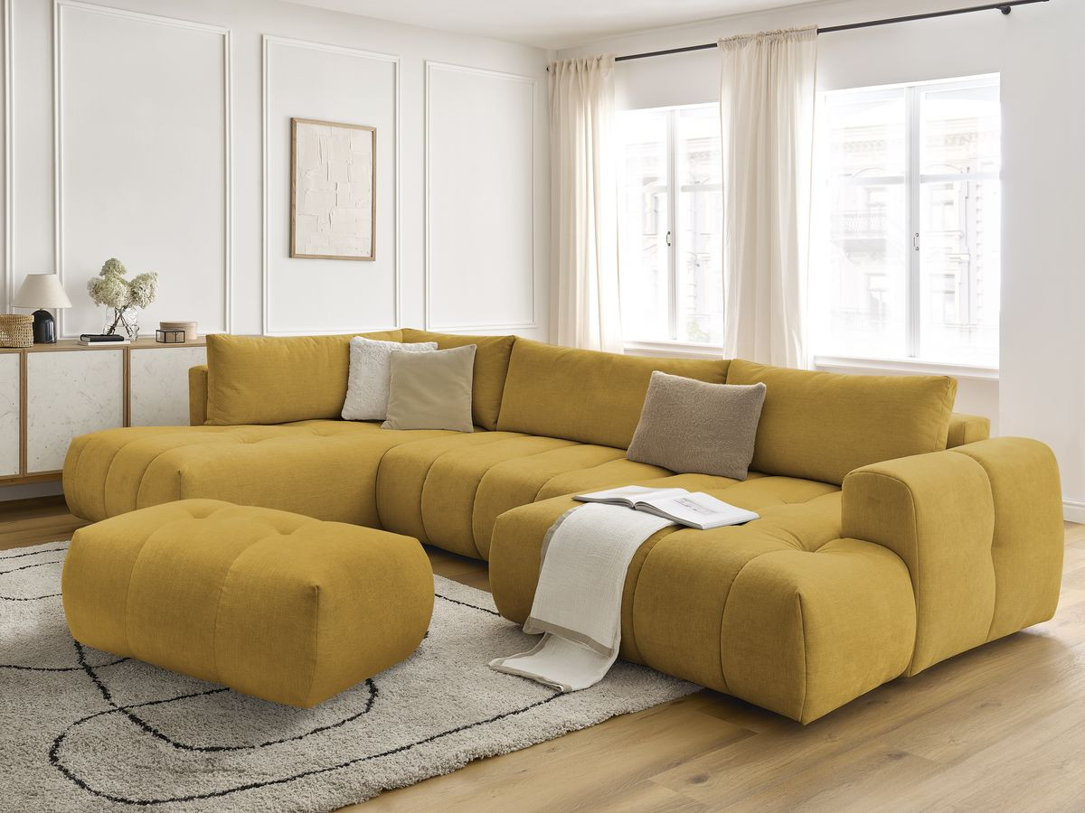 Canapé panoramique convertible FUJI tissu lisse avec pouf