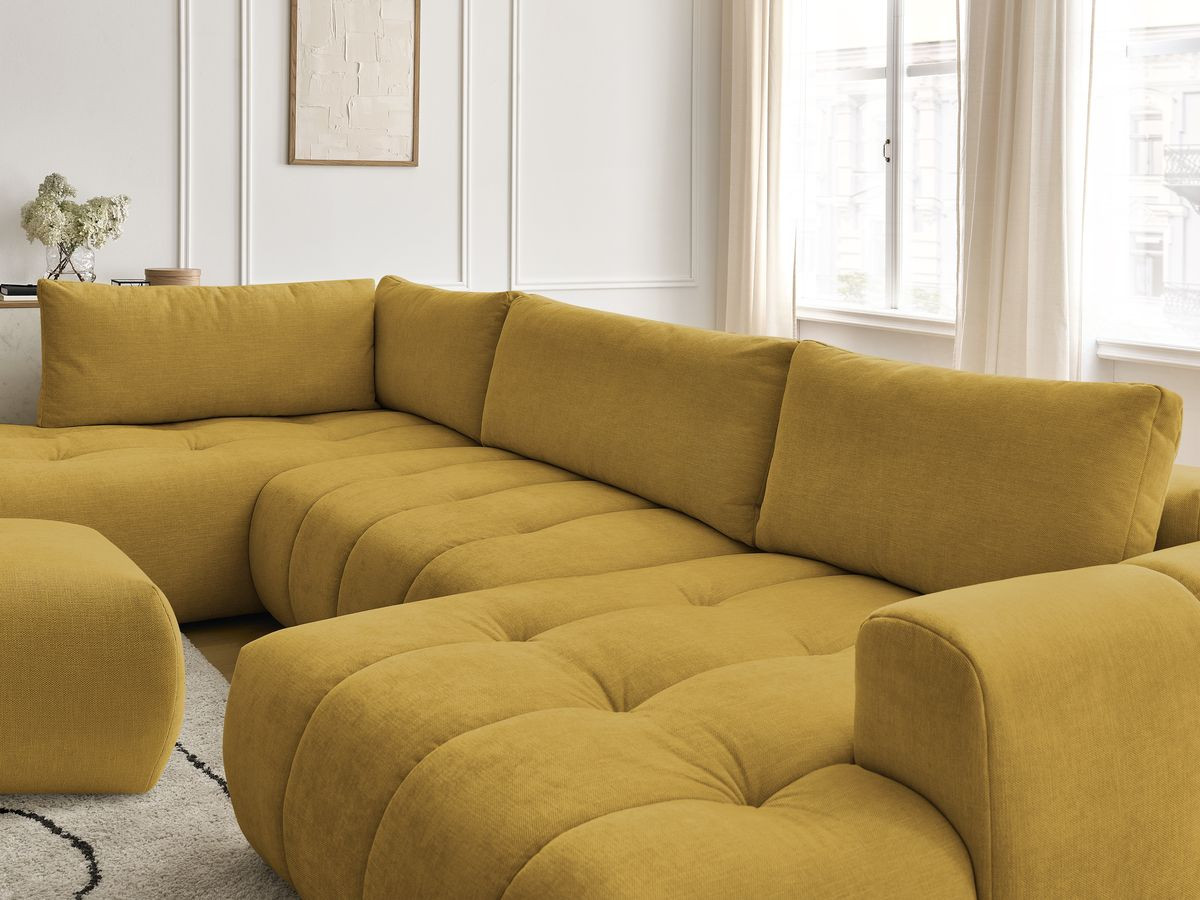 Canapé panoramique convertible FUJI tissu lisse avec pouf