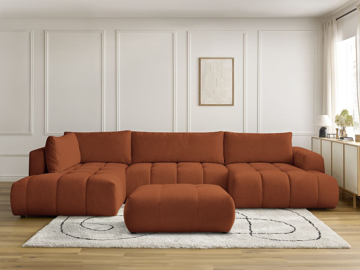 Canapé panoramique convertible FUJI tissu lisse avec pouf