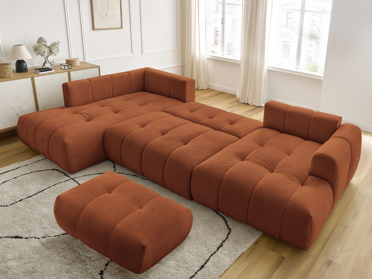 Canapé panoramique convertible FUJI tissu lisse avec pouf