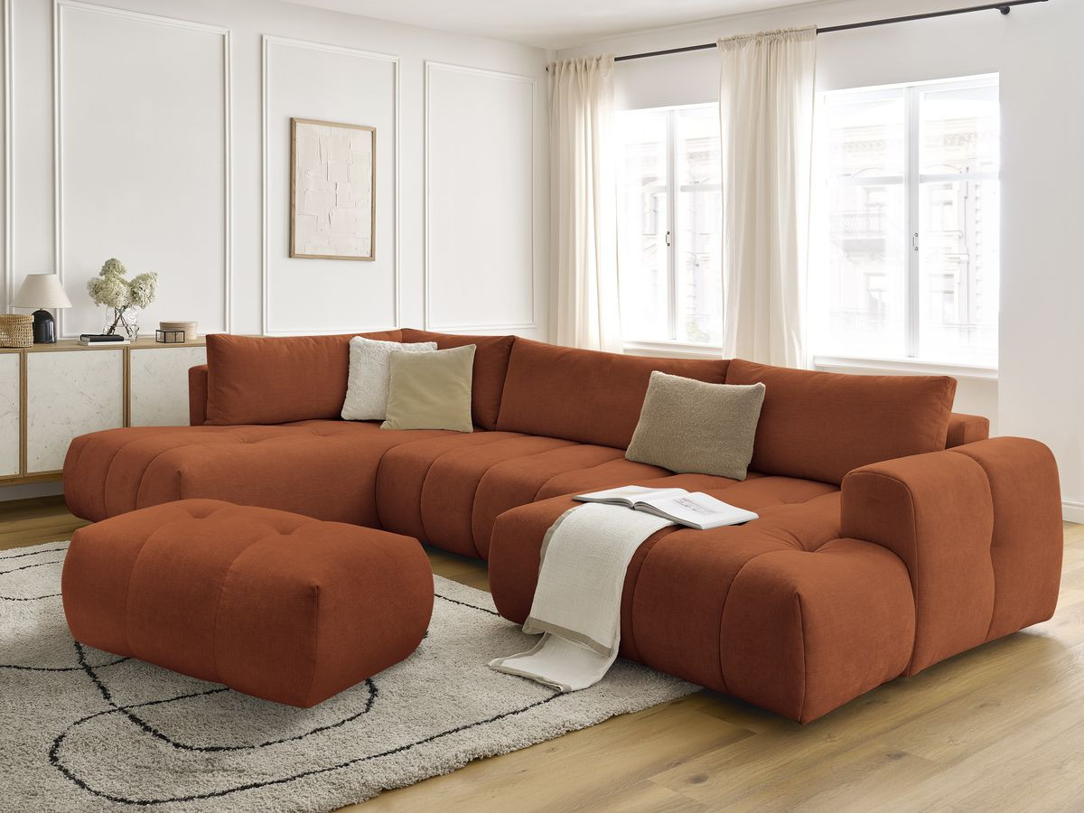 Canapé panoramique convertible FUJI tissu lisse avec pouf