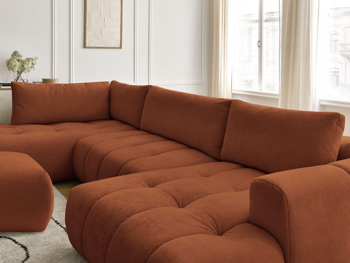 Canapé panoramique convertible FUJI tissu lisse avec pouf