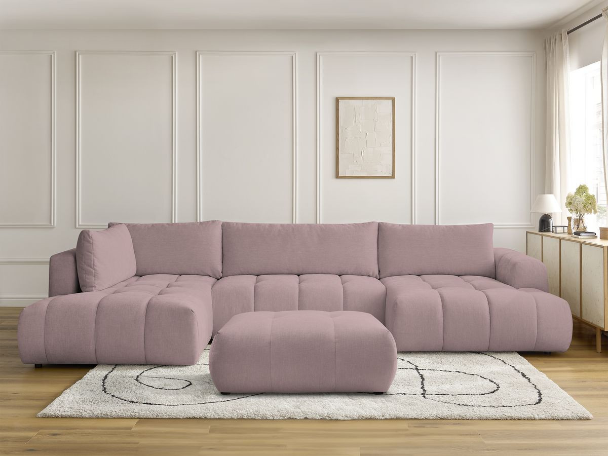 Canapé panoramique convertible FUJI tissu lisse avec pouf