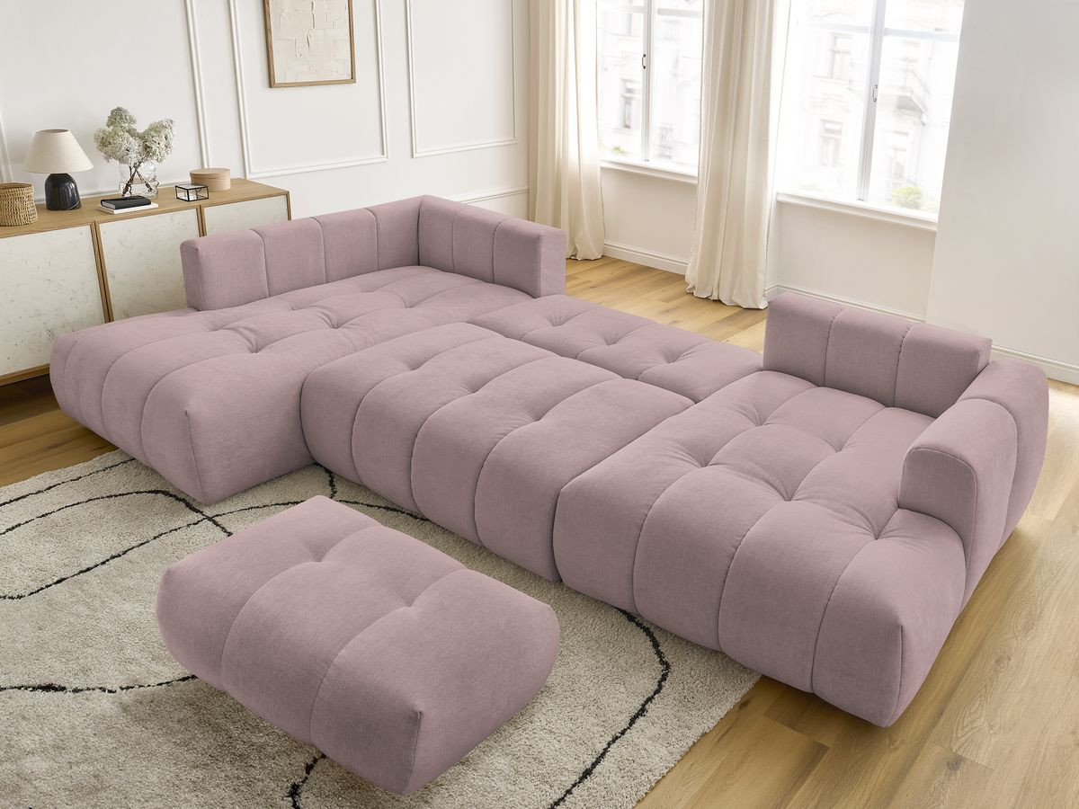 Canapé panoramique convertible FUJI tissu lisse avec pouf