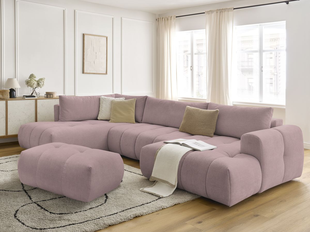 Canapé panoramique convertible FUJI tissu lisse avec pouf