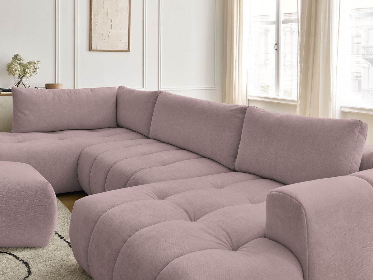 Canapé panoramique convertible FUJI tissu lisse avec pouf